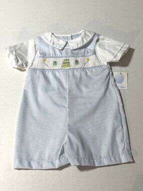 Petit Ami Blue White Birthday Smocked Romper 12 Months